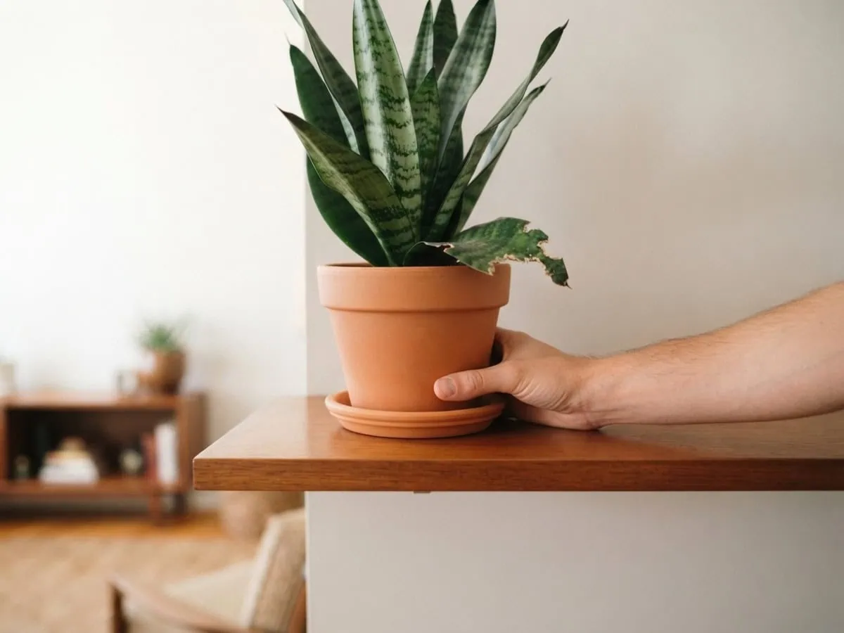 A steadying hand on a snake plant placed high on a shelf, out of reach -- the reliable way of keeping curious pets away.