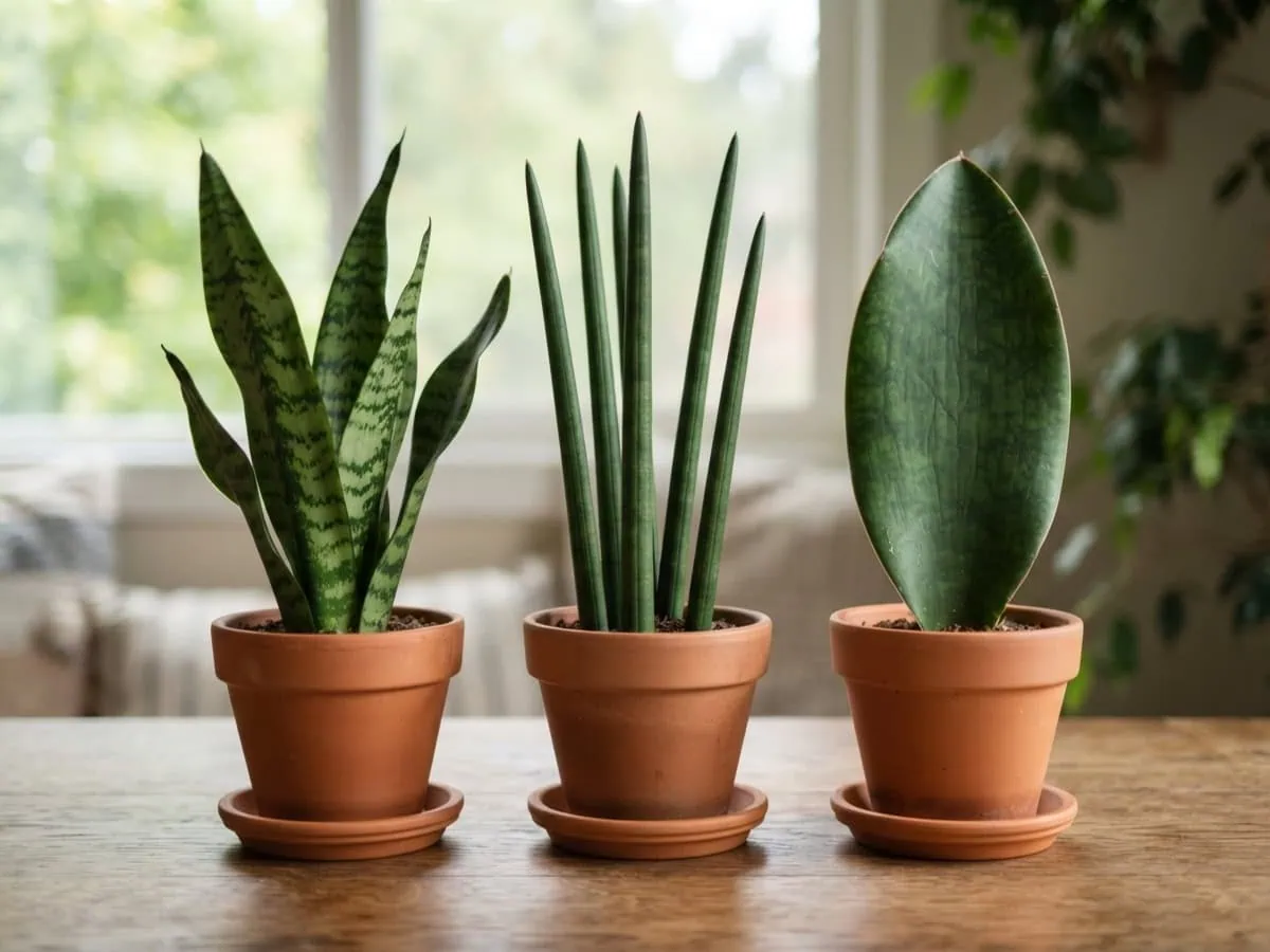 Close-up of three snake plant leaf cross-sections that tell which snake plant you own: flat, round, or paddle.