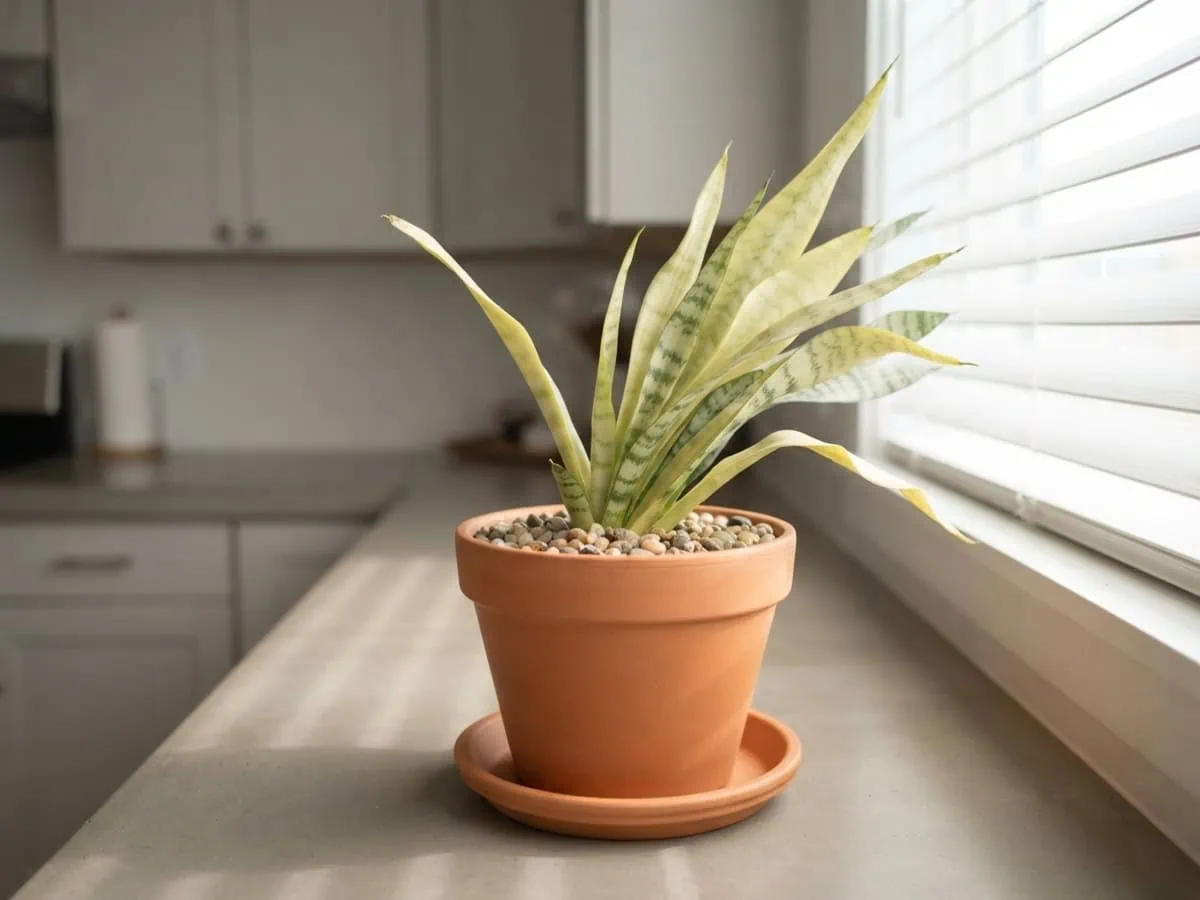 Macro view of thin, narrow, pale snake plant leaves stretched and leaning toward a window from low light.