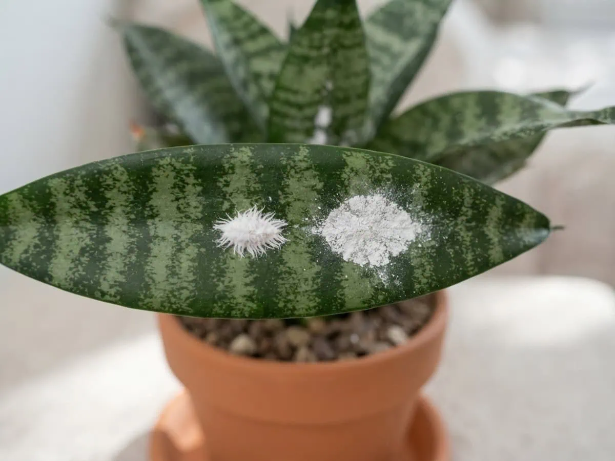 A fuzzy cottony mealybug beside a flat chalky white hard-water crust on a snake plant leaf: live pest vs false alarm.