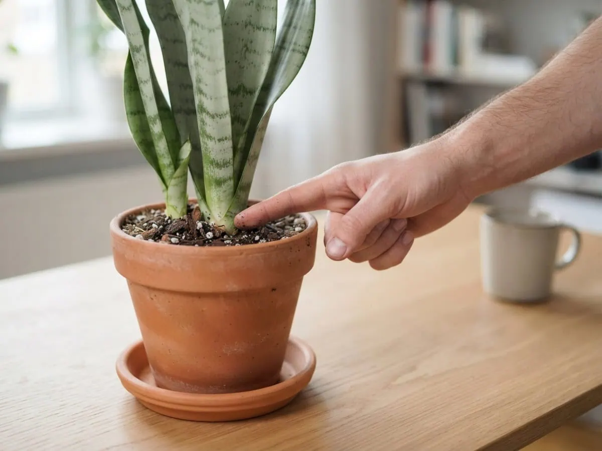 Close-up of a fingertip testing a snake plant's soil at the leaf base, the wet-or-dry overwatered-or-thirsty check.