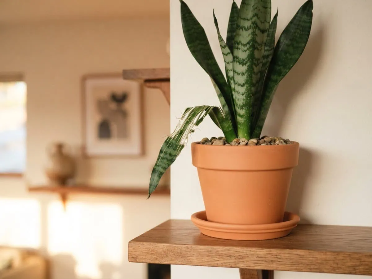 Close-up of a snake plant raised on a high shelf with pebble-topped soil and one leaf shredded by a cat.