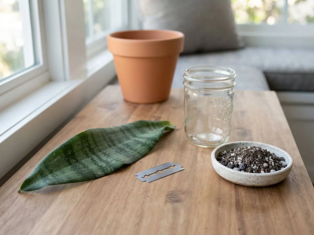 Close-up of a sterile blade, glass jar, and gritty mix to get the timing, tools, and method right for a snake plant.