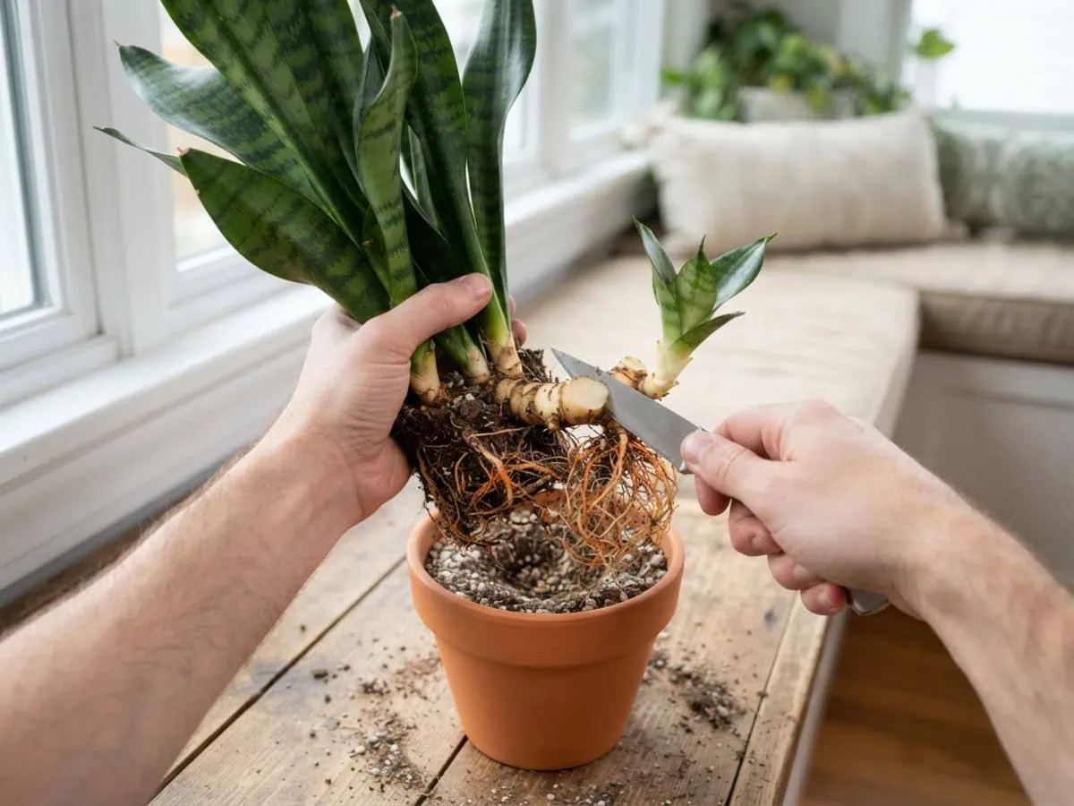 Divide a snake plant by cutting through a thick pale creamy-yellow rhizome to free a rooted pup with its own leaves.