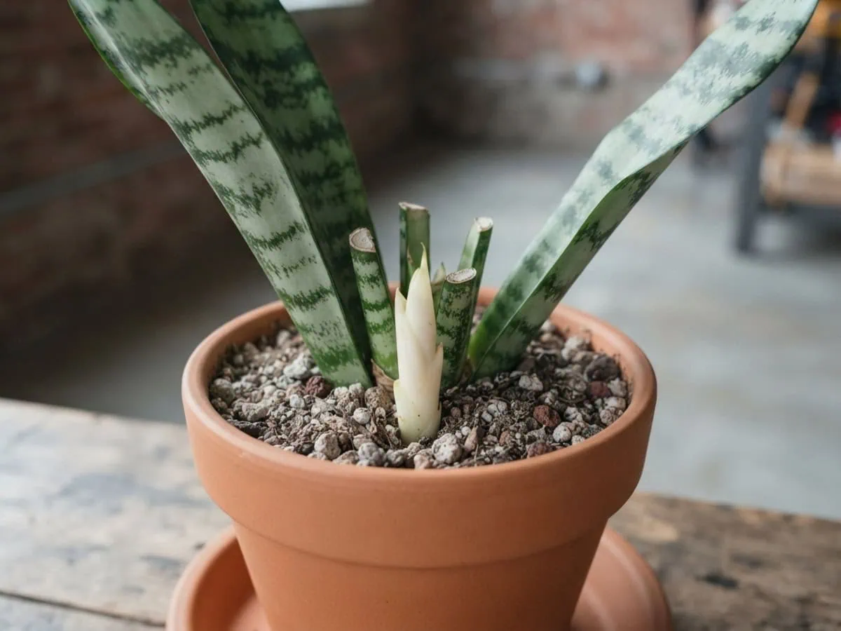 Close-up of a rescued snake plant replanted in dry terracotta with a new central shoot, showing it recover from root rot.
