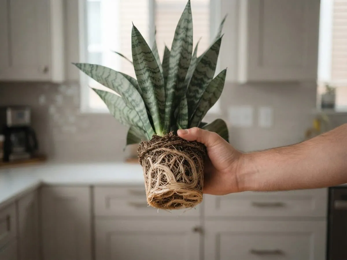 Close-up of a hand holding a snake plant lifted from its pot, its dense root-bound rootball fully exposed.