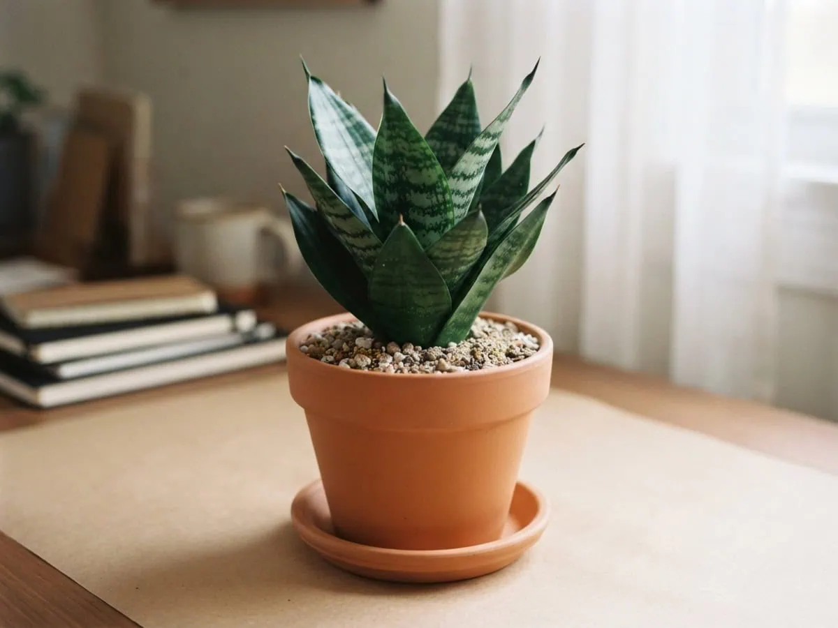 A freshly repotted snake plant standing firm in a snug terracotta pot, gritty soil settled an inch below the rim.