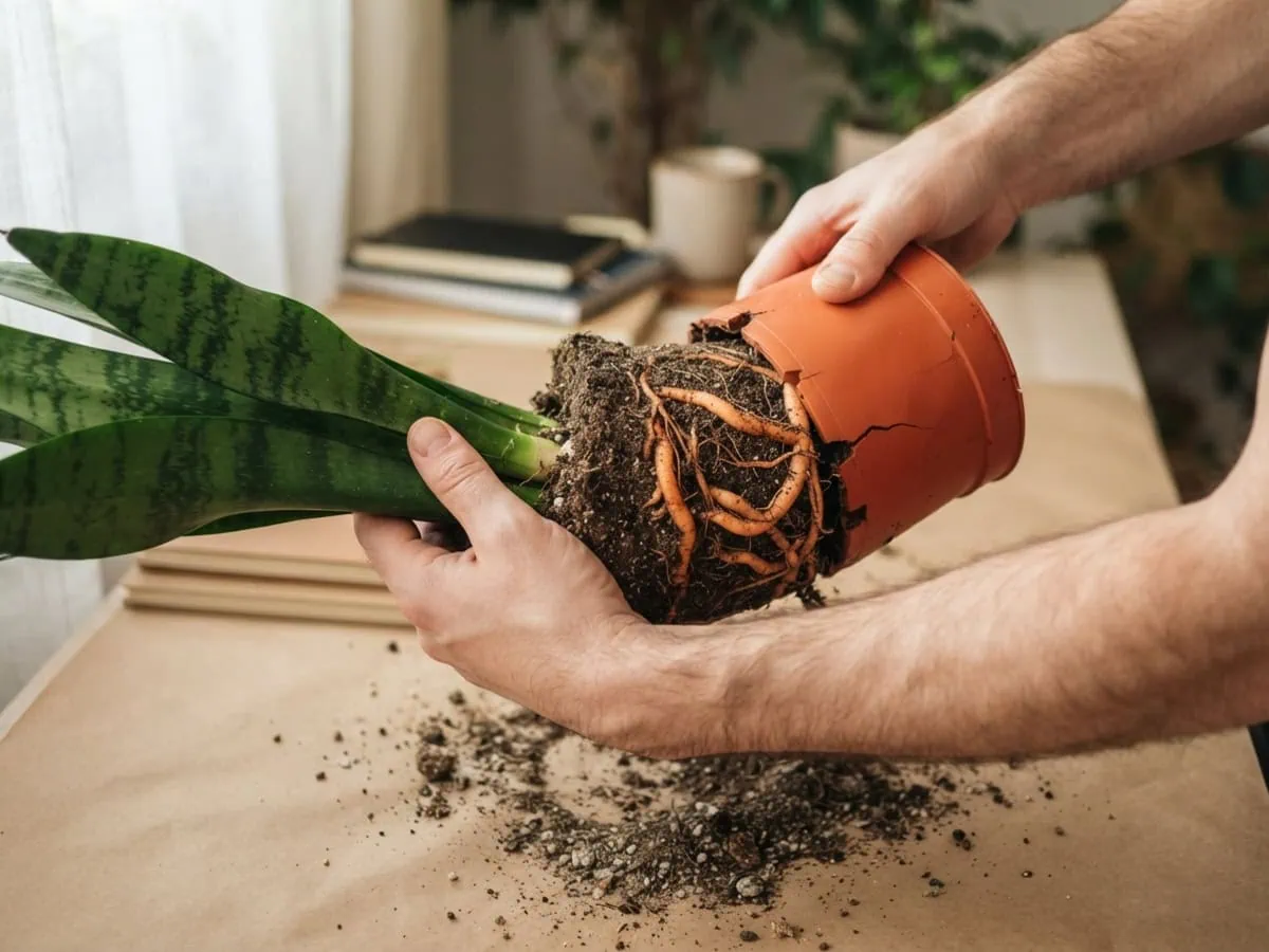 Ease a root-bound snake plant's root ball out of a cracked nursery pot by gripping the leaf base.