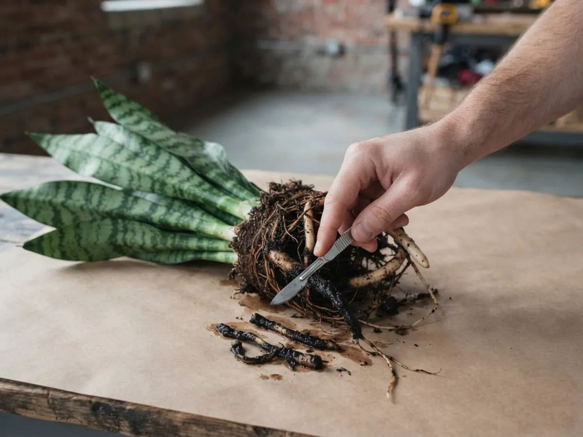 Close-up of a sterile blade cutting a mushy snake plant root back to firm white tissue to cut out the rot.