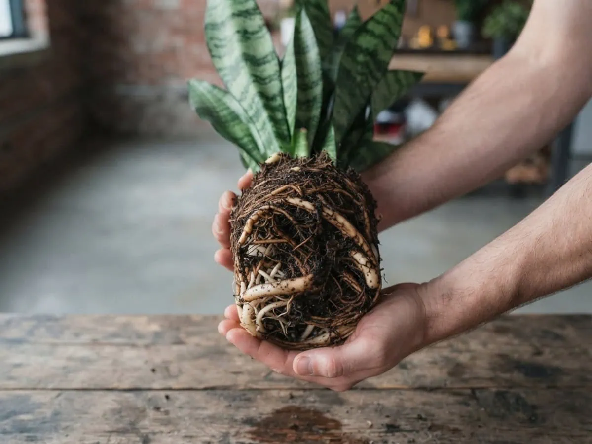 Close-up of two hands holding an unpotted snake plant root ball to confirm root rot, firm pale roots beside brown mushy ones.