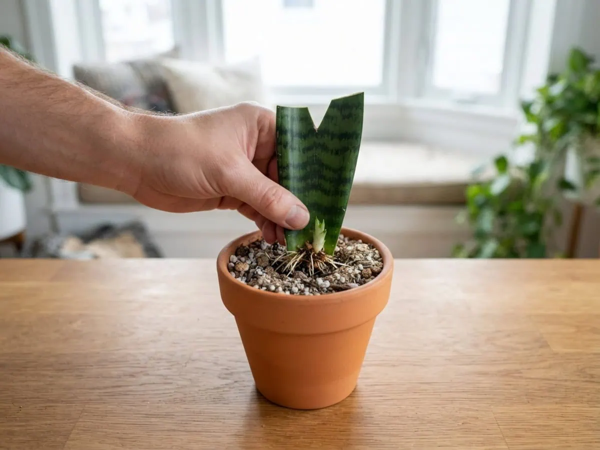 Close-up of a water-rooted snake plant cutting with half-inch roots being potted up as new cuttings and divisions root.
