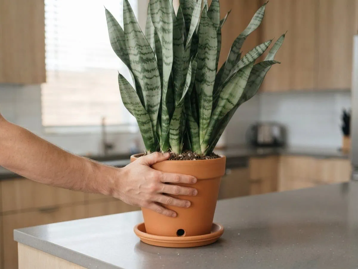 Close-up of a bare hand giving an upright snake plant's terracotta pot a quarter turn so every side gets even light.