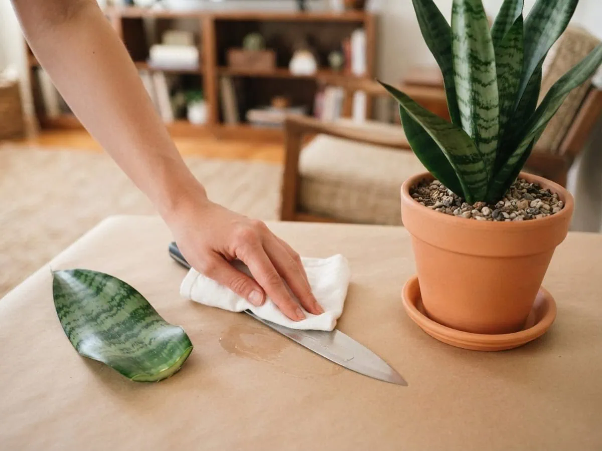 Close-up of a bare hand wiping snake plant sap off a blade -- a handling note for people and other pets.