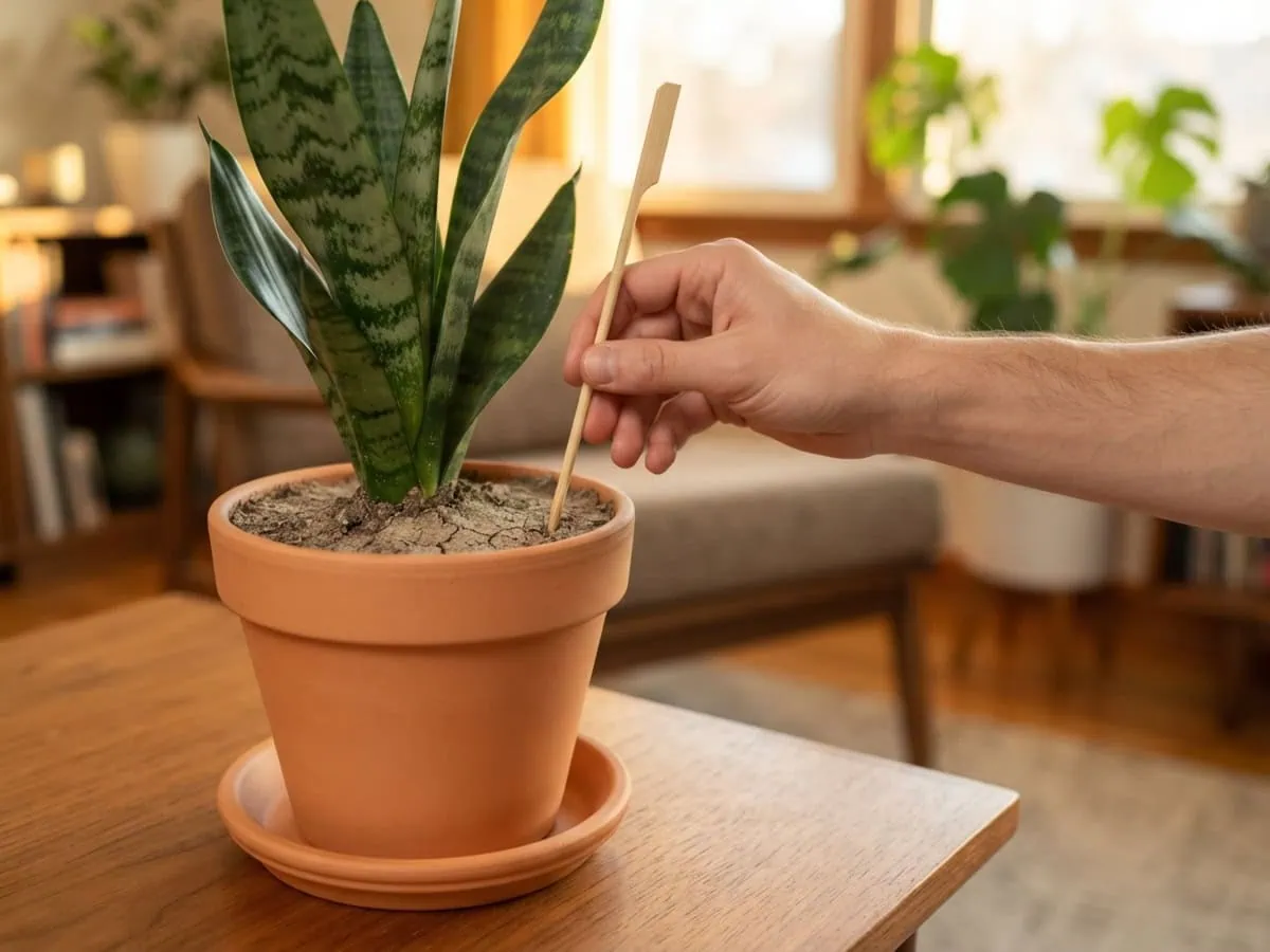 Close-up of a hand pushing a wooden skewer tip-down deep into a terracotta snake plant pot for the deep dry-down test.
