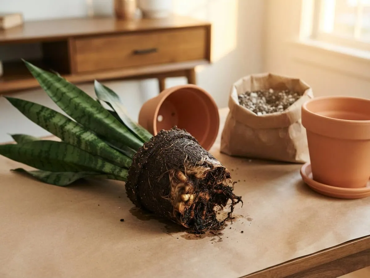 Macro view of a snake plant slid from its pot showing a rotting rhizome and root ball from soggy, waterlogged soil.