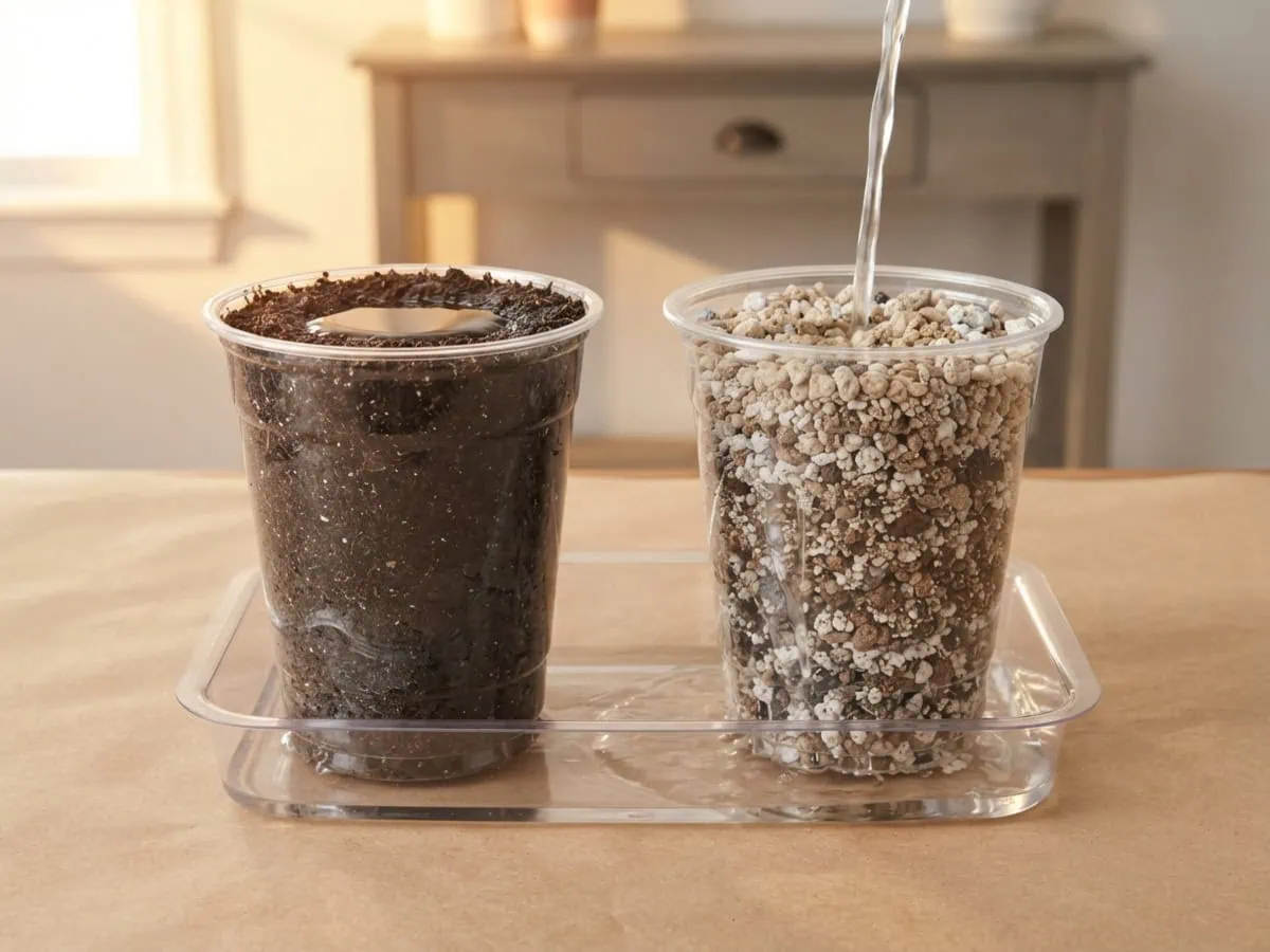 Close-up of a two-cup drainage test, dense peaty potting soil against a fast-draining gritty snake plant mix.
