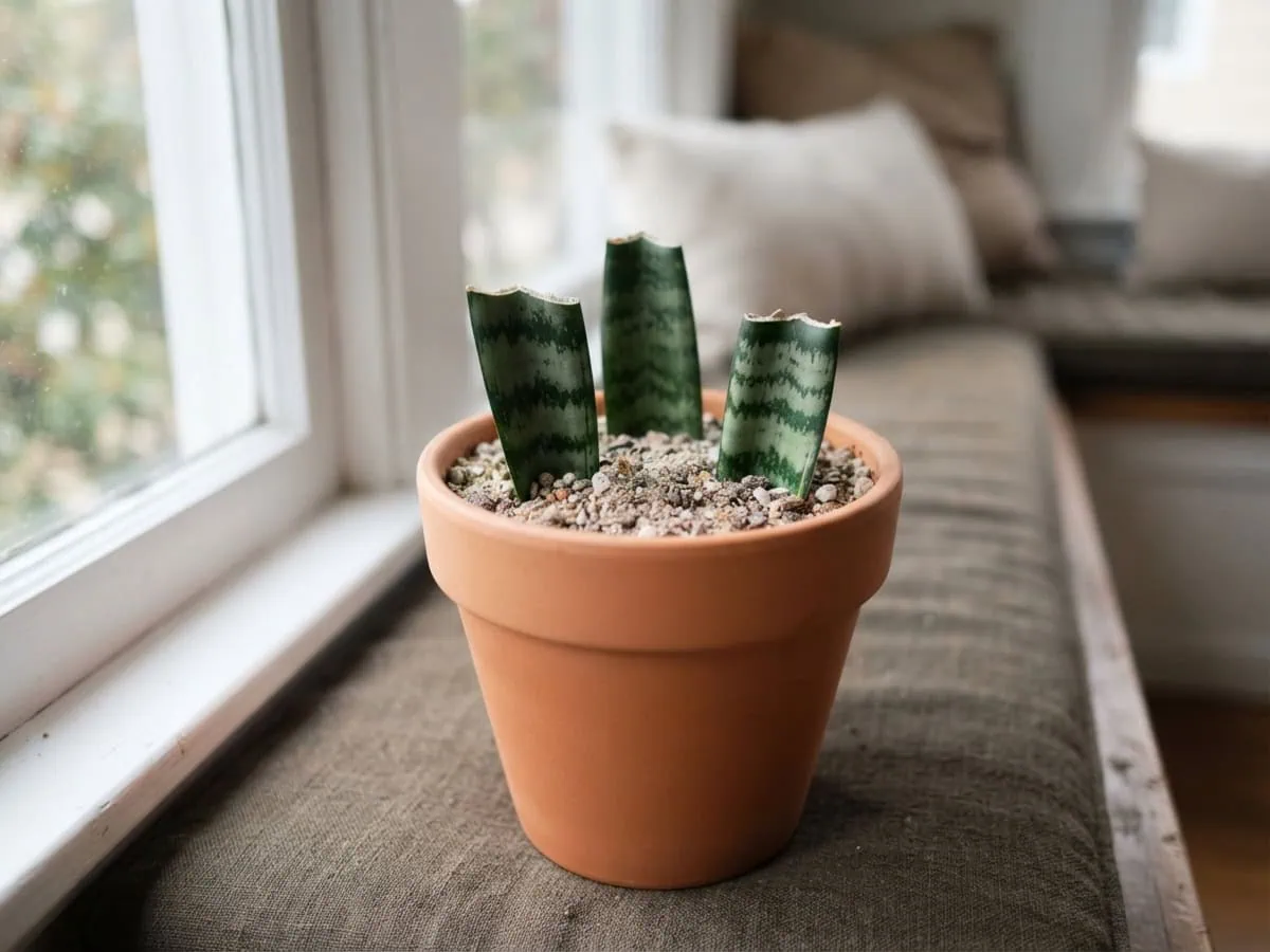 Plant callused snake plant leaf sections upright in gritty cactus mix, notched tops just above the surface.