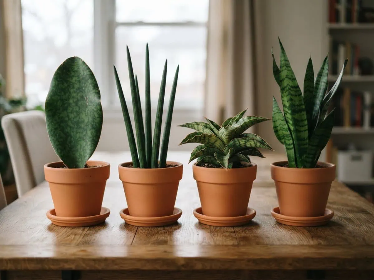 Four snake plant species: a broad whale fin, round cylindrical spears, a wavy star sansevieria, a flat green zeylanica.