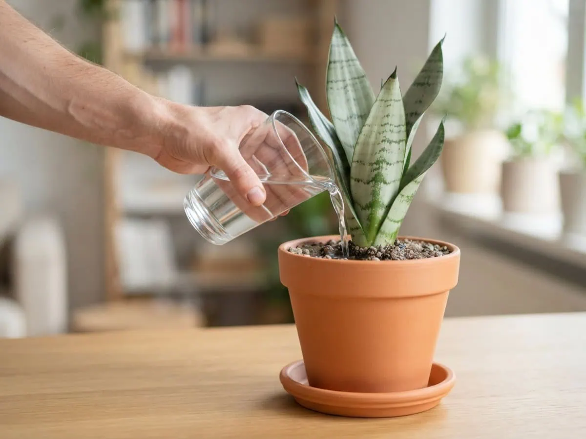 Close-up of a hand pouring tap water from a watering can onto a snake plant's gritty mix in a periodic top-water flush.