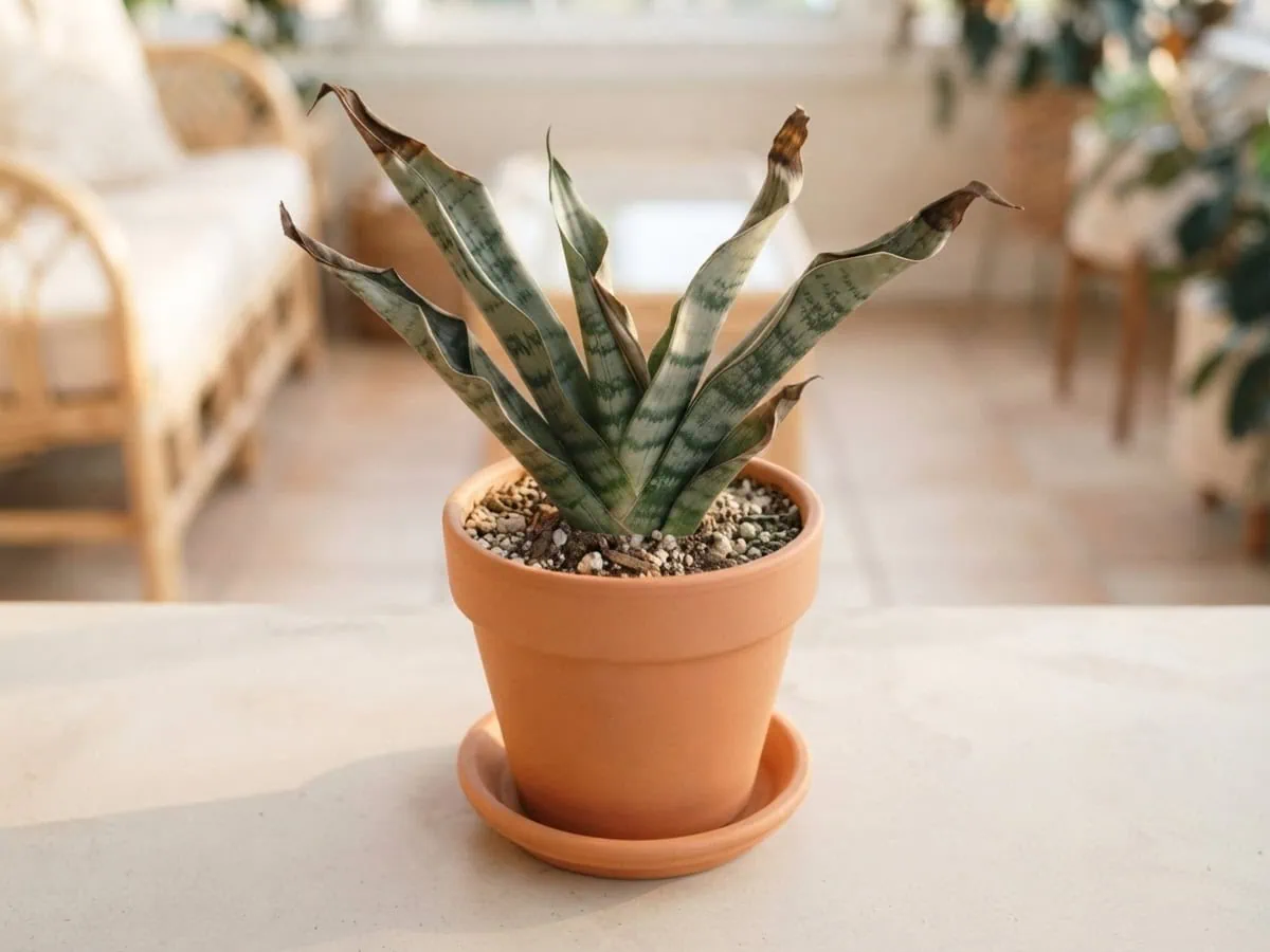 Close-up of a too-dry snake plant with several blades in a tight inward curl and dry, crispy brown tips.