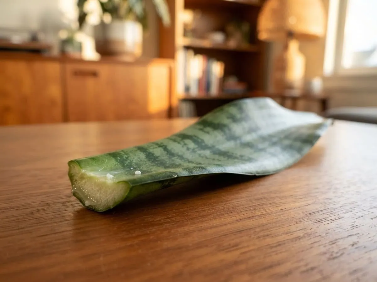 Macro of a freshly cut snake plant leaf on a table, a small trace of white saponin sap beading at the cut face.