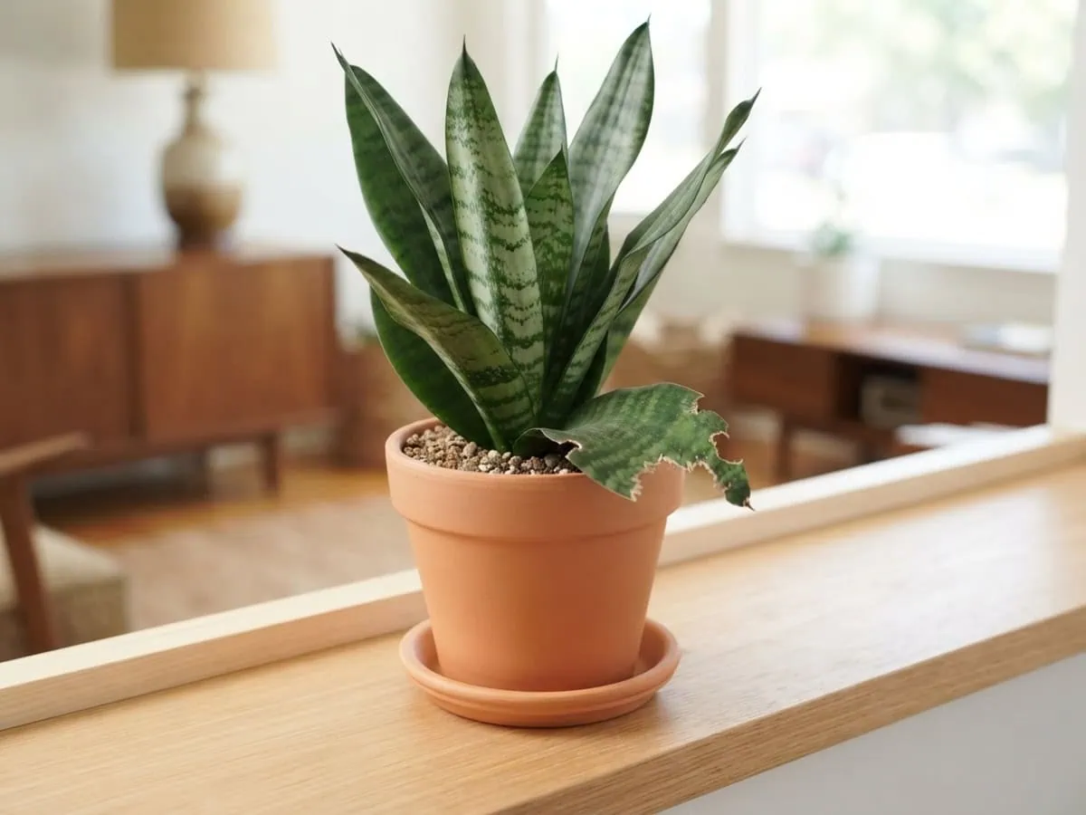 A snake plant on a windowsill with one chewed lower leaf -- a look at how toxic a snake plant is to curious pets.