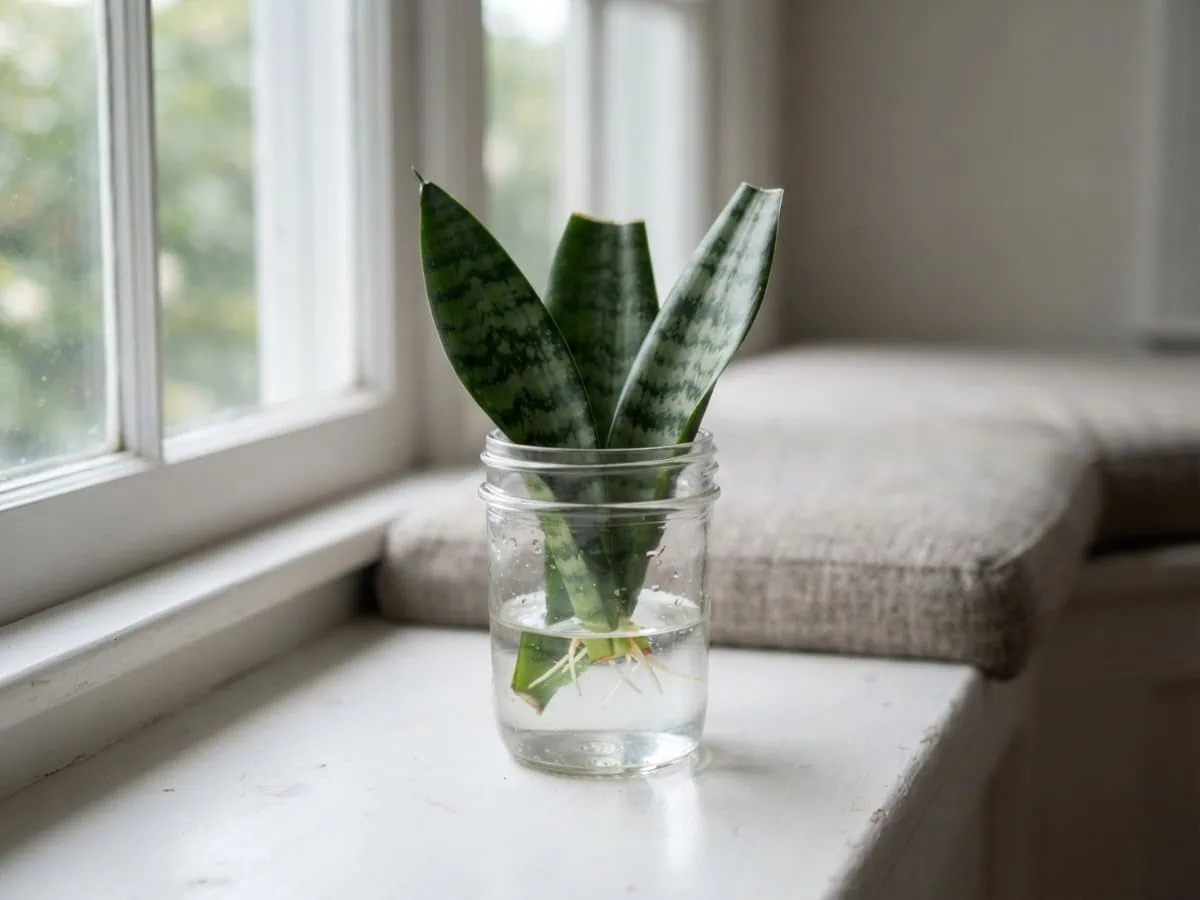 Place notched snake plant leaf sections upright in a clear water jar to root, cut ends submerged an inch.