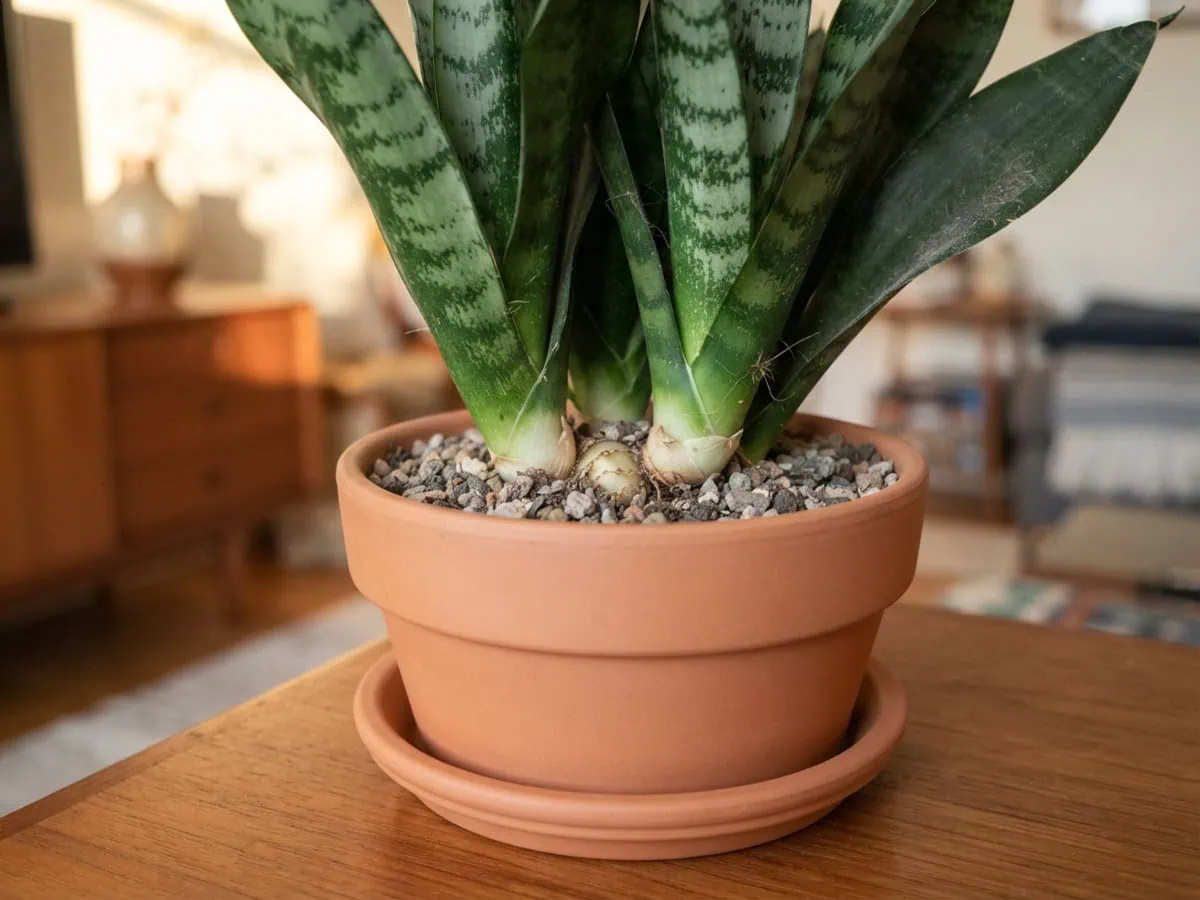 Close-up of a snake plant's swollen fleshy leaf bases and pale rhizome cresting the soil line in a terracotta pot.