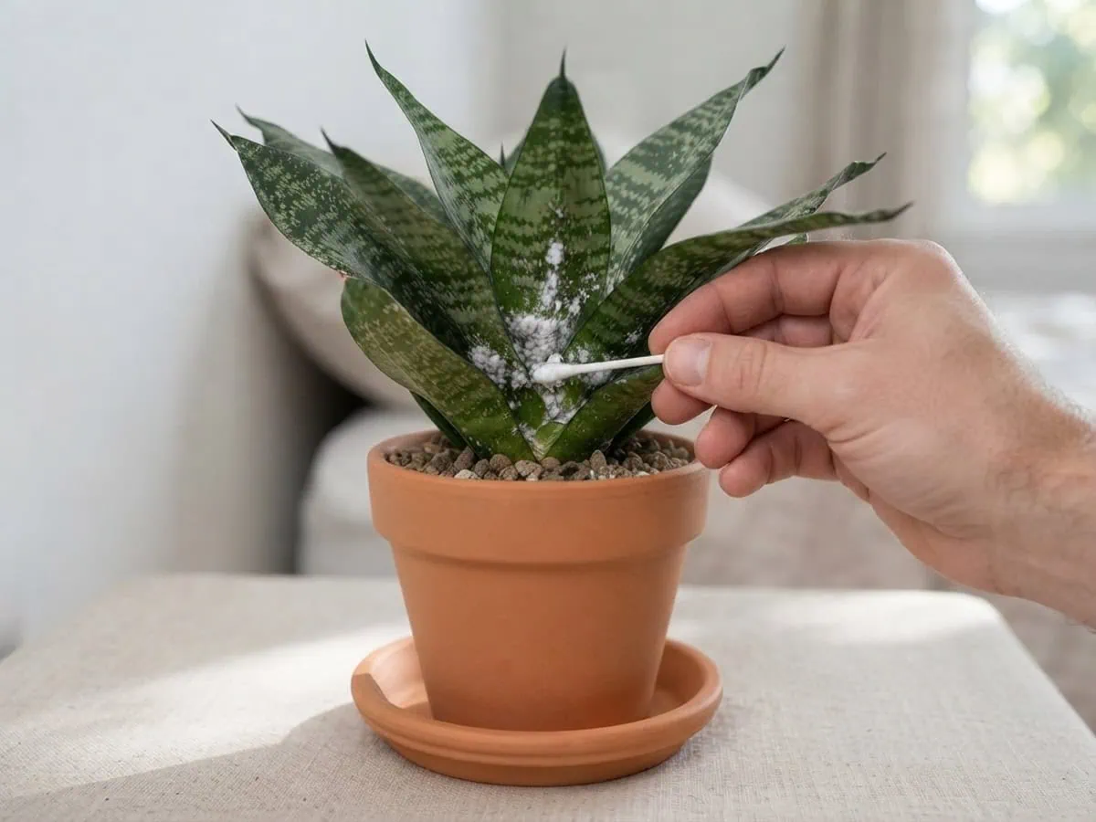Close-up of a cotton swab lifting a white speck off a snake plant leaf base during the white-dot pest ID check.