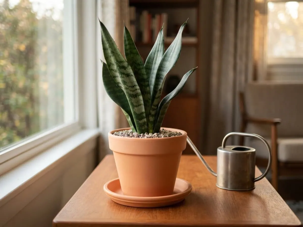 Close-up of a snake plant with bone-dry soil by a window, watering can set aside for reduced winter watering.