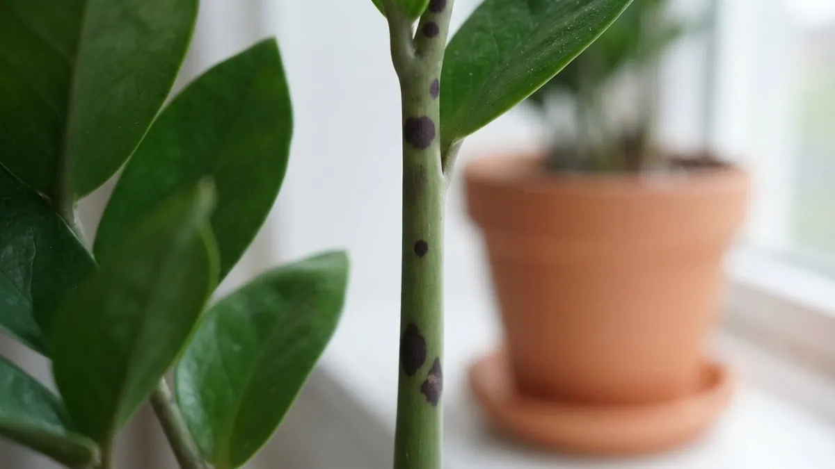 What causes black spots on a ZZ plant: dark brown spots down the green stem of a Zamioculcas zamiifolia.