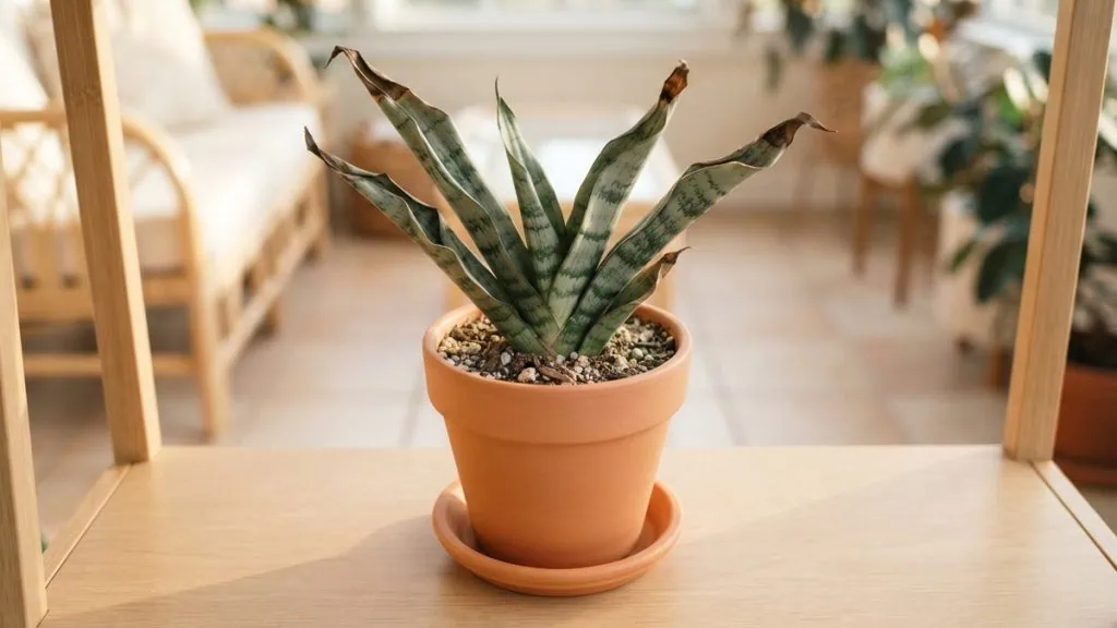 Why are my snake plant leaves curling: a Dracaena trifasciata with several blades in a tight inward curl and dry brown tips.