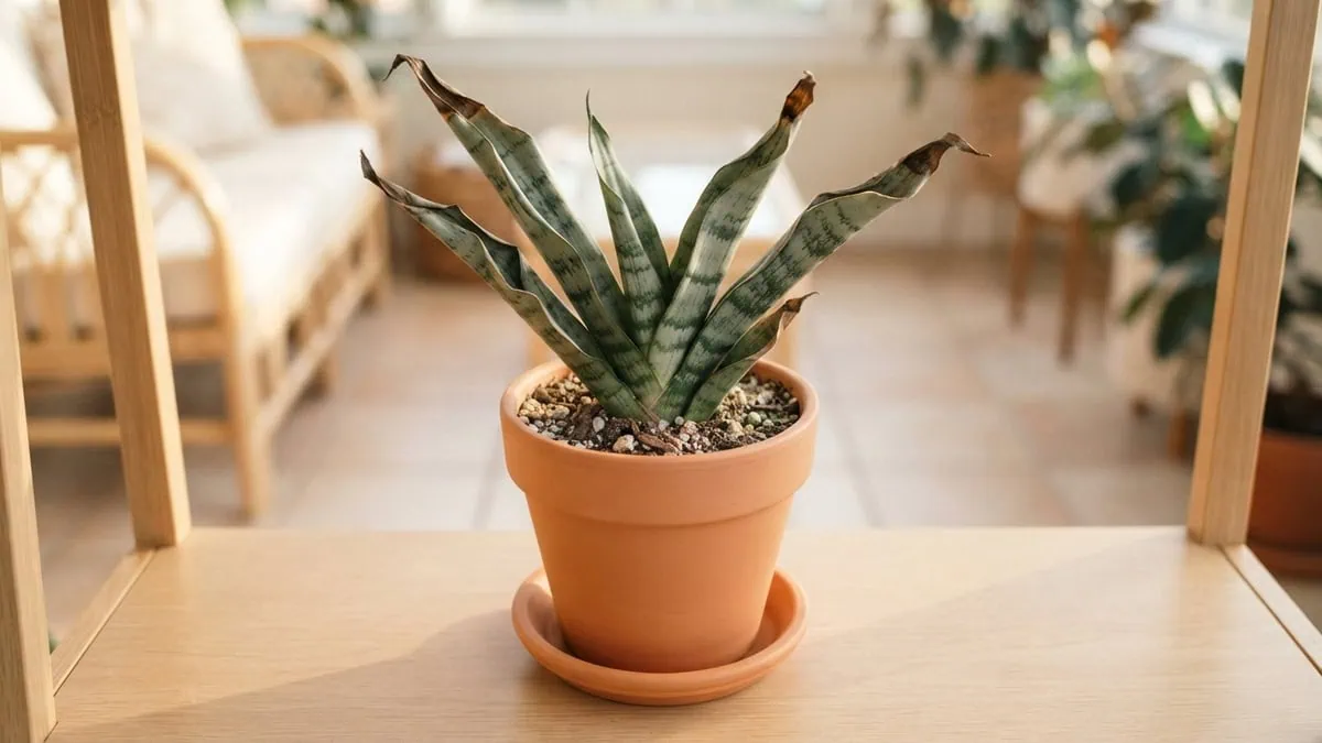 Why are my snake plant leaves curling: a Dracaena trifasciata with several blades in a tight inward curl and dry brown tips.