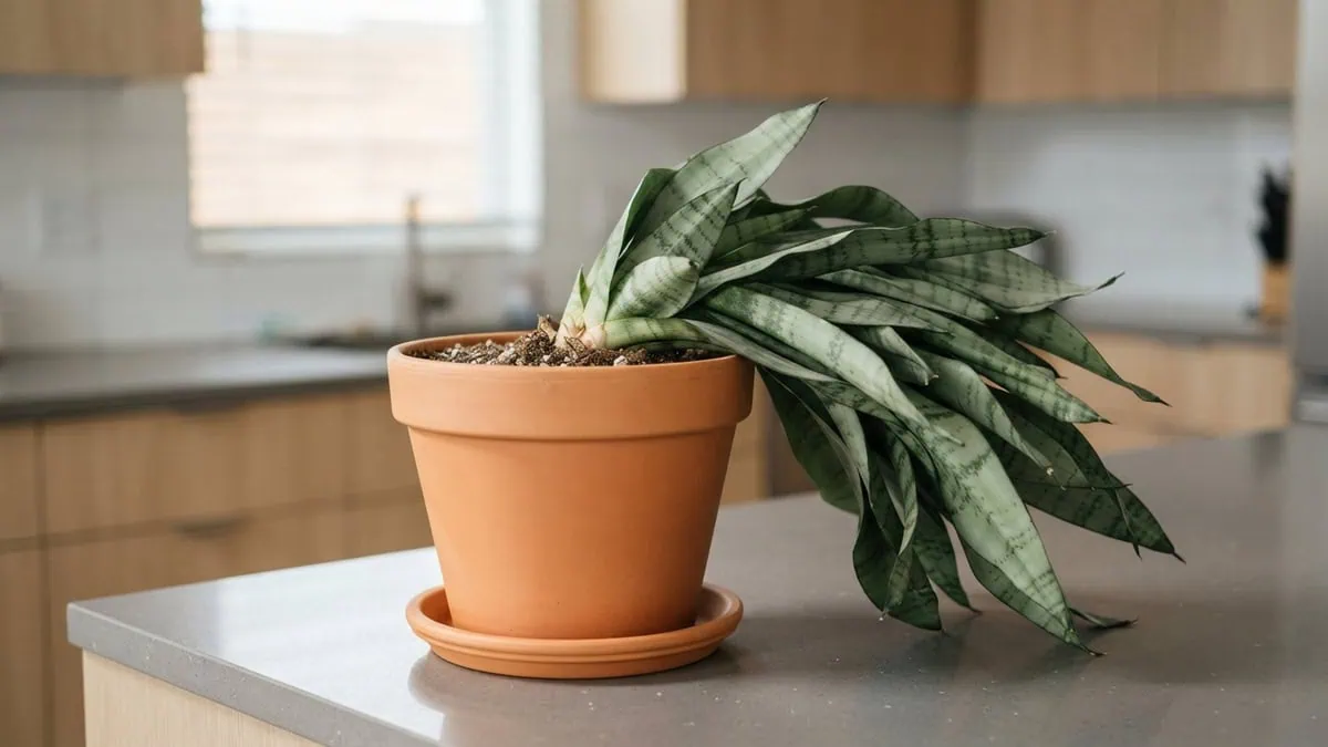 Why is my snake plant falling over? A Dracaena trifasciata leans hard, gray-green leaves splaying from a terracotta pot.