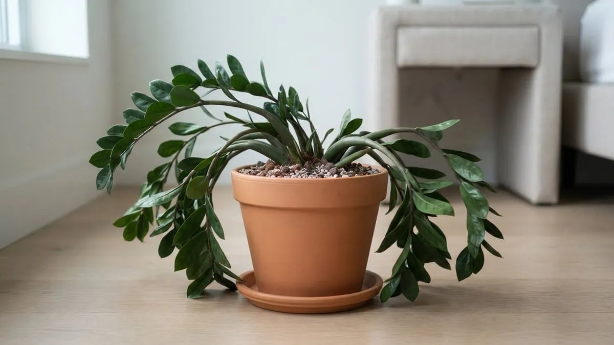 Why is my ZZ plant drooping and falling over, a Zamioculcas zamiifolia with stalks splayed and flopping over the pot rim.