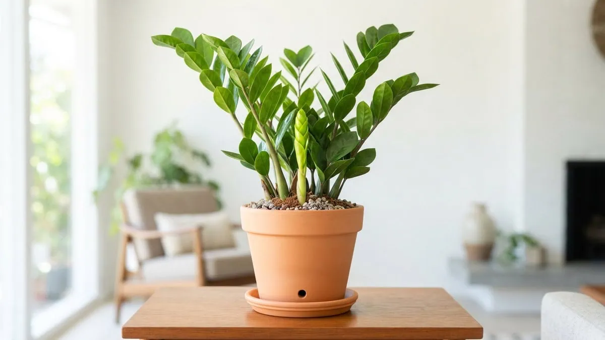 Why is my ZZ plant not growing new shoots? A healthy Zamioculcas zamiifolia raising one fresh lime-green new spear.
