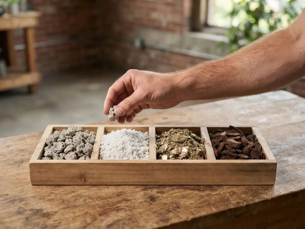 A comparison of four ZZ plant soil aerators in a tray, a hand lifting a pinch of pumice beside perlite and bark.