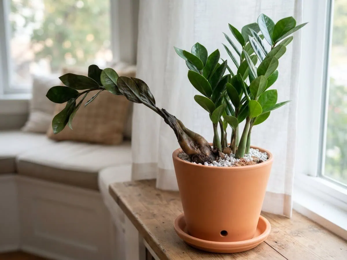 Close-up of a ZZ plant black-spot call: a soft, dark, rotting stalk base beside firm, glossy, upright stalks.