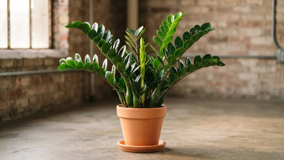 ZZ plant care in practice - a glossy, deep-emerald Zamioculcas zamiifolia in a terracotta pot in soft, warm light.