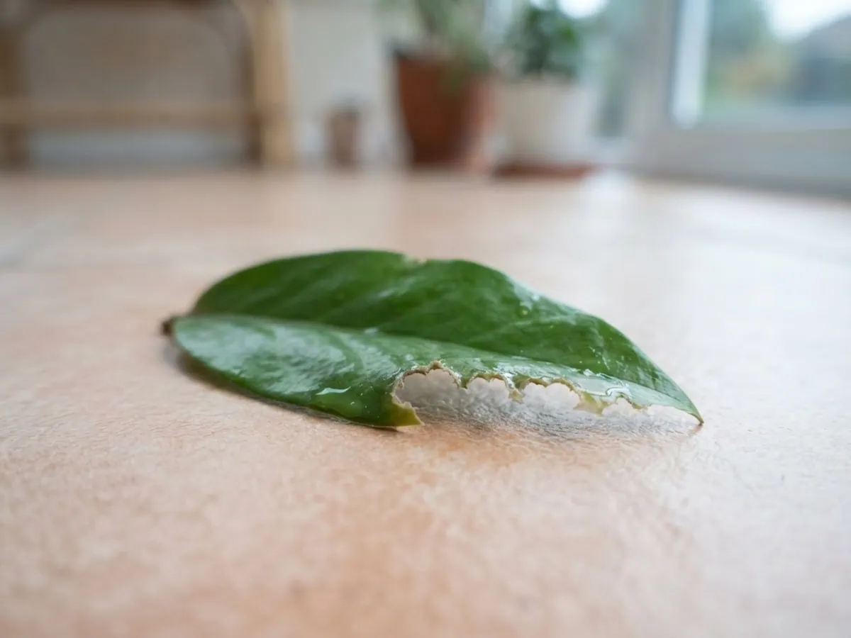 Close-up of a ZZ plant leaflet with a chewed, torn edge showing what a cat or dog leaves after biting it.
