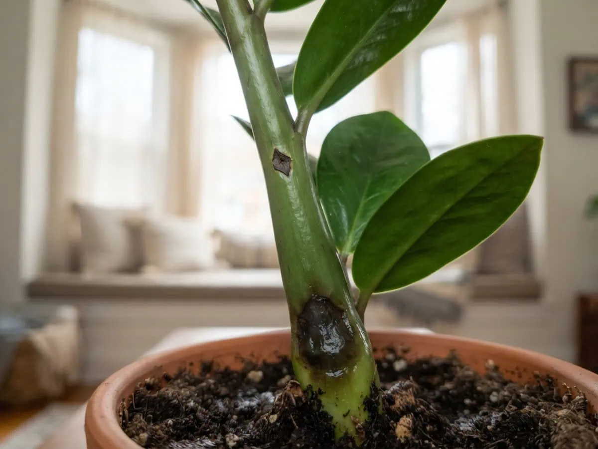 Close-up of a dark spot on a ZZ plant stem: a flat, dry fleck beside a soft, spreading, water-soaked patch at the base.
