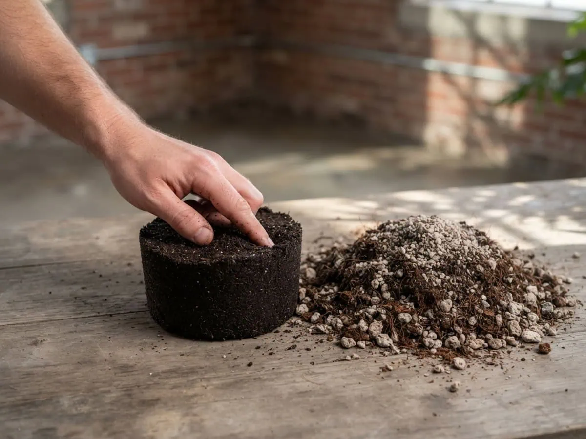 Fingertips pressing a clump of dense packed potting soil holding its shape beside a loose gritty ZZ plant mix.