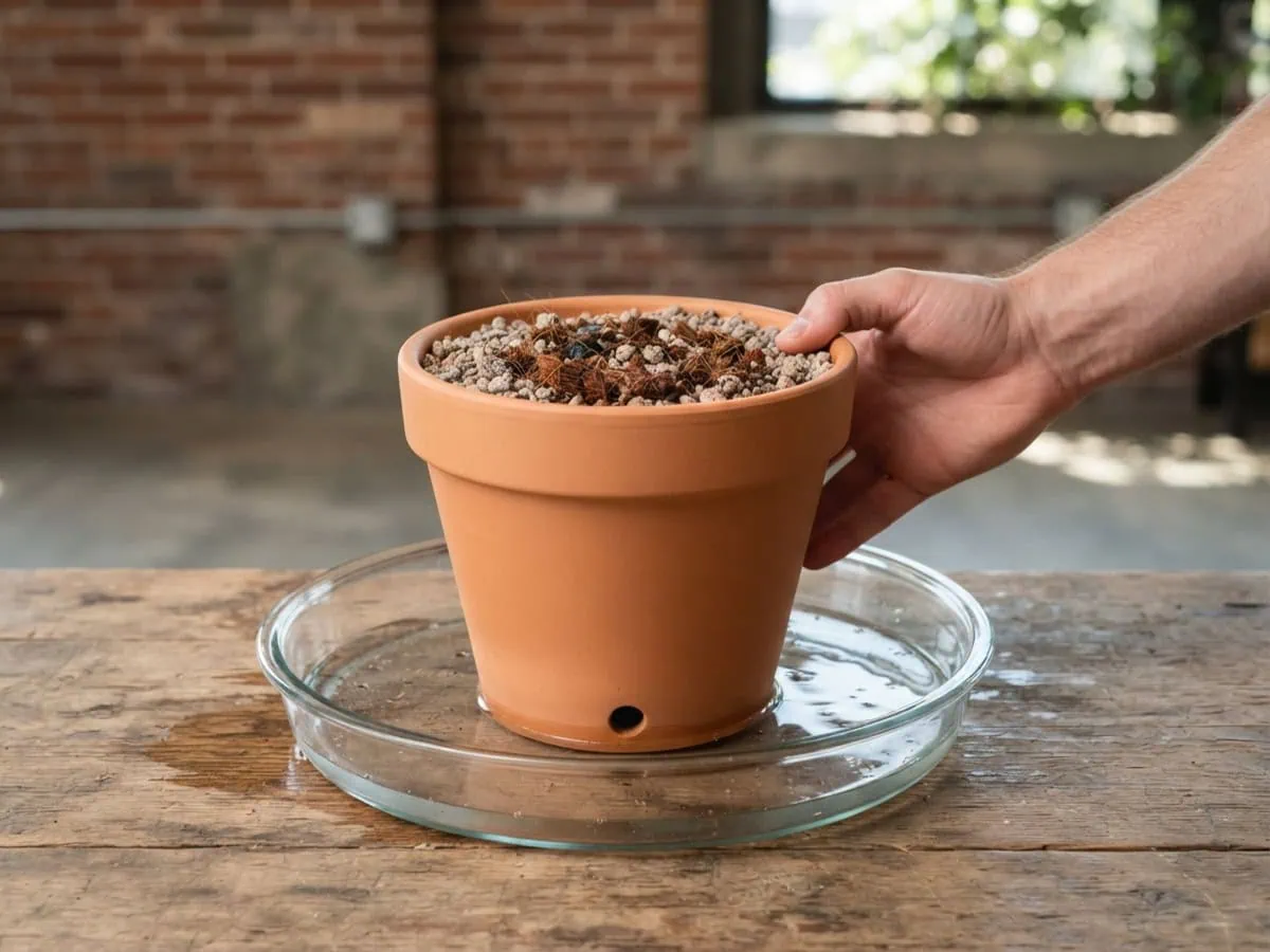 Close-up of a terracotta ZZ plant pot draining clear into a glass tray during a five-minute pour-through test.