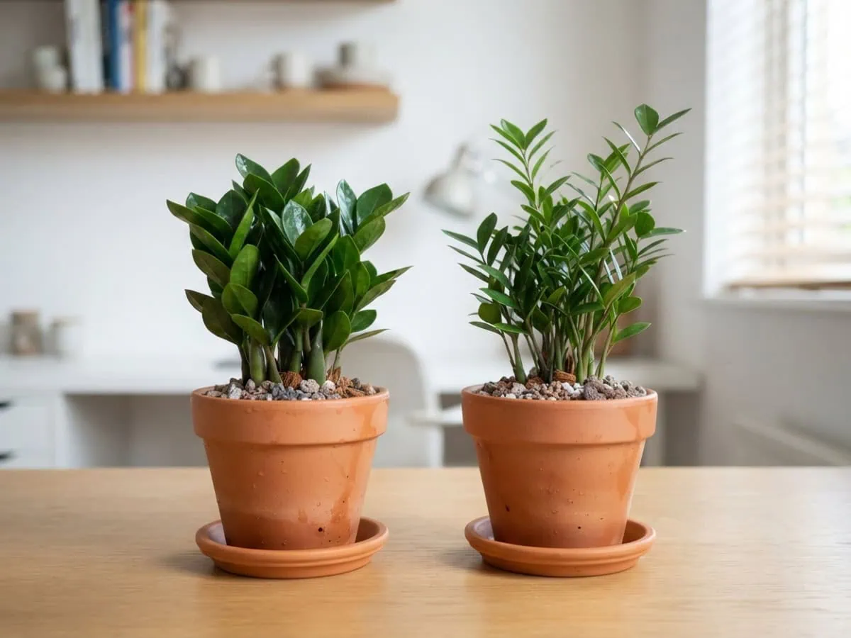 A Zenzi dwarf ZZ beside a Zamicro dwarf ZZ, the two dwarfs of the ZZ family side by side at shelf scale