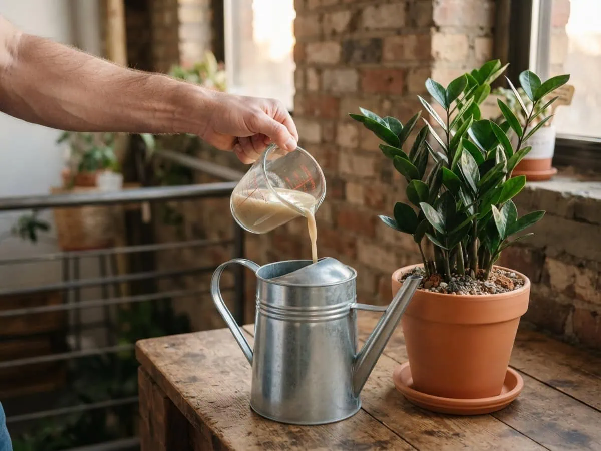 Close-up of a hand mixing a half-strength houseplant fertilizer dose into a watering can beside a potted ZZ plant.