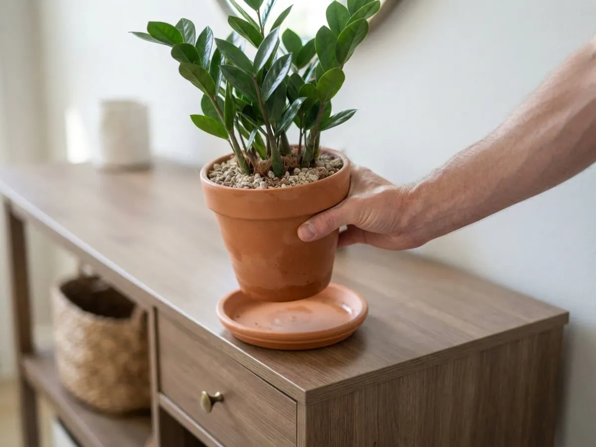 Close-up of a hand lifting a terracotta ZZ plant pot to gauge how long it can go without water.