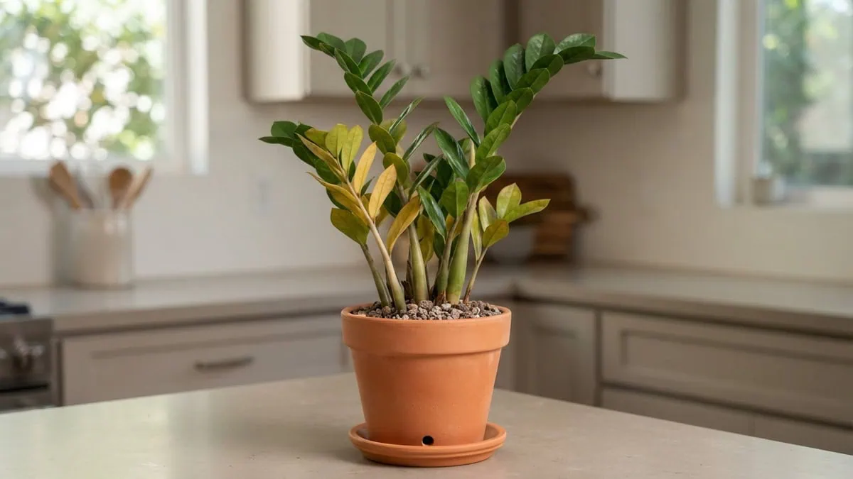 Why is my ZZ plant turning yellow: a Zamioculcas zamiifolia yellowing from its lower leaflets up in a terracotta pot.