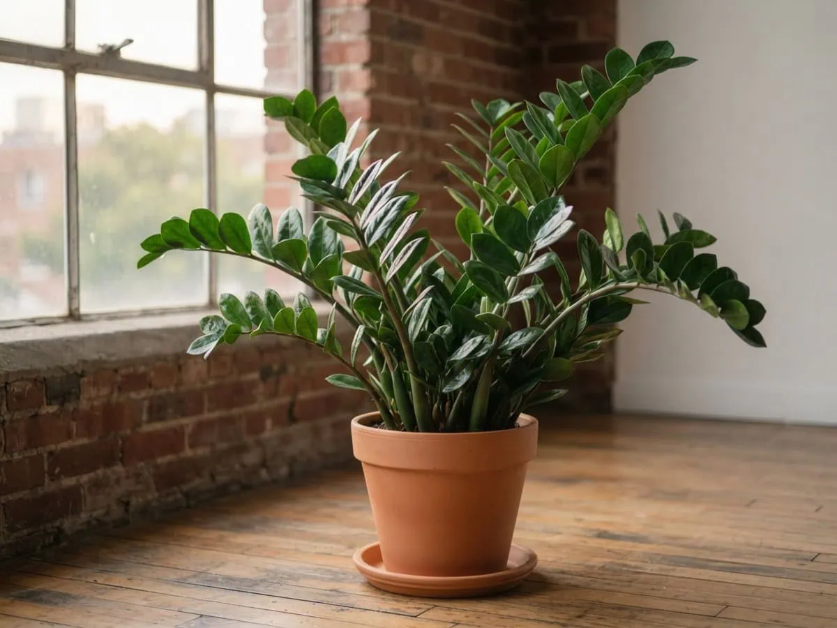 Close-up of a healthy ZZ plant a few feet from a bright window in the soft indirect light it prefers, no direct sun.