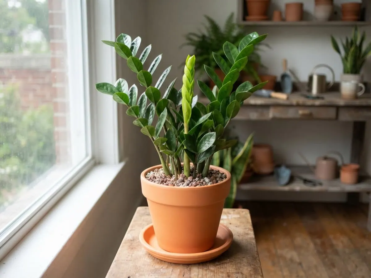 A healthy ZZ plant in the bright, indirect light level it needs, its glossy leaflets catching soft light beside a window.