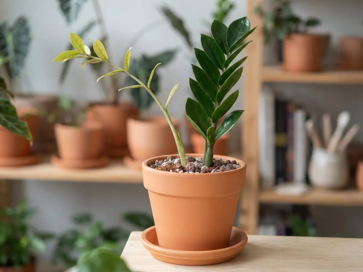 Close-up of a common ZZ plant light mistake — a pale, stretched, dim-grown stalk beside a firm, glossy, bright-grown one.